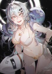 Rule 34 | 1girl, :d, animal ears, arknights, bare arms, bare shoulders, black background, breasts, commentary request, cowboy shot, grey eyes, grey hair, hair between eyes, hair ornament, hairclip, highres, jewelry, kuroduki (pieat), lappland (arknights), large breasts, long hair, looking at viewer, navel, open mouth, pendant, simple background, smile, solo, standing, stomach, thighs, very long hair, wolf ears
