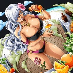 Rule 34 | 1girl, bikini, blue eyes, bracelet, breasts, charlotte smoothie, female focus, flower, flower on head, hair over one eye, highres, jewelry, juice, large breasts, lipstick, long hair, looking at viewer, makeup, nail polish, necklace, official art, one piece, one piece: treasure cruise, rose, solo, swimsuit, tattoo, white hair