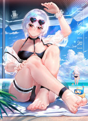Rule 34 | absurdres, ankle strap, arm up, ass, azur lane, barefoot, beach, beach mat, beach umbrella, bikini, black bikini, blue sky, blurry, blurry foreground, blush, breasts, character name, choker, cleavage, cloud, collarbone, day, eyewear on head, full body, hair between eyes, head tilt, heart, heart-shaped eyewear, highres, holding, holding swim ring, innertube, large breasts, looking at viewer, navel, o-ring, o-ring top, ocean, off shoulder, red eyes, sand, scrunchie, short hair, signature, sirius (azur lane), sirius (scorching-hot seirios) (azur lane), skindentation, sky, solo, stardust (chen&#039;ai weiding), sunglasses, swim ring, swimsuit, thigh strap, toes, translucent, umbrella, white hair, white scrunchie, wrist scrunchie