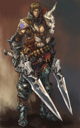 Rule 34 | 1boy, armor, bad id, bad pixiv id, blonde hair, boots, dual wielding, gauntlets, greaves, highres, holding, lieqi hun, male focus, original, skull, solo, sword, tattoo, weapon