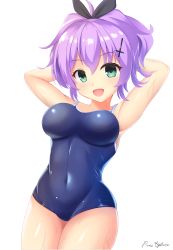 Rule 34 | 1girl, absurdres, arms behind head, azur lane, blue one-piece swimsuit, breasts, commentary request, competition school swimsuit, covered navel, green eyes, highres, javelin (azur lane), medium hair, one-piece swimsuit, oppai loli, pinesphere, purple hair, purple ribbon, ribbon, school swimsuit, signature, simple background, smile, solo, standing, swimsuit, white background, wide ponytail