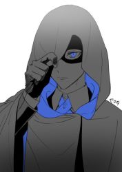 Rule 34 | 1boy, blue eyes, blue ribbon, cloak, closed mouth, collared shirt, domino mask, frown, hand up, hood, hood pull, hood up, hooded cloak, long sleeves, looking at viewer, male focus, mask, monochrome, neck ribbon, one eye covered, ribbon, serota, shirt, simple background, solo, spot color, touken ranbu, two-sided cloak, two-sided fabric, upper body, yamanbagiri chougi