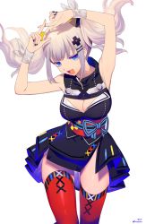 Rule 34 | 1girl, arms up, bare shoulders, blue eyes, blush, breasts, cleavage, cleavage cutout, clothing cutout, dress, fucodoku, hair ornament, hairclip, highres, kaguya luna, large breasts, looking at viewer, open mouth, red thighhighs, silver hair, sleeveless, smile, solo, the moon studio, thighhighs, twintails, virtual youtuber, white background