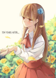 Rule 34 | 1girl, ascot, bad id, bad pixiv id, blurry, brown eyes, brown hair, depth of field, field, flower, flower field, flower on head, hair flower, hair ornament, highres, ib (ib), ib (kouri), jewelry, long hair, looking at viewer, petals, pleated skirt, ring, rose, shioha, skirt, smile, solo, text focus, wedding band