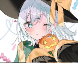 Rule 34 | 1girl, :t, aqua eyes, black hat, blurry, blurry background, blush, bow, closed mouth, depth of field, floppy sleeves, ghost hair ornament, hair between eyes, halloween, hat, hat bow, heart, heart of string, holding, jack-o&#039;-lantern, komeiji koishi, looking at viewer, one eye closed, rotated, shirt, simple background, sleeves past fingers, sleeves past wrists, solo, third-party edit, third eye, touhou, white background, yellow bow, yellow shirt, yumeno ruruka