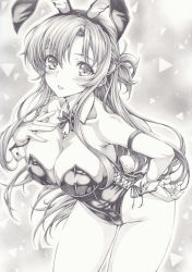 Rule 34 | 1girl, animal ears, asuna (sao), blush, breasts, cleavage, covered erect nipples, detached collar, fake animal ears, fake tail, graphite (medium), hand on own hip, legs, leotard, long hair, looking at viewer, mikuro, monochrome, playboy bunny, rabbit ears, rabbit tail, solo, strapless, strapless leotard, sword art online, tail, traditional media, very long hair, wrist cuffs