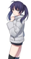 Rule 34 | 1girl, ahoge, black shorts, black thighhighs, commentary request, grey eyes, grey jacket, hair between eyes, highres, jacket, long sleeves, looking at viewer, medium hair, nemu mohu, parted lips, pocket, purple hair, saiki mio, short shorts, short twintails, shorts, simple background, solo, thighhighs, thighs, tsukihime, tsukihime (remake), twintails, white background, zettai ryouiki