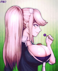 Rule 34 | 1girl, bear hair ornament, breasts, bursting breasts, candy, danganronpa (series), enoshima junko, female focus, food, fyk0, hair ornament, huge breasts, jewelry, lollipop, long hair, nail polish, necklace, necktie, shiny skin, solo, twintails, upper body