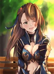 Rule 34 | 1girl, 8rk9, ;d, absurdres, bad id, bad pixiv id, beatrix (granblue fantasy), blurry, blurry background, breasts, brown eyes, brown hair, cleavage, day, floating hair, granblue fantasy, head tilt, highres, long hair, medium breasts, midriff, navel, one eye closed, open mouth, outdoors, smile, solo, stomach, upper body