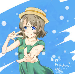 Rule 34 | 1girl, :p, aqua eyes, artist name, artist request, blue eyes, blush, breasts, brown hair, collarbone, double v, dress, female focus, green shirt, green skirt, grey hair, hair between eyes, hat, jewelry, light brown hair, looking at viewer, love live!, love live! sunshine!!, necklace, ship&#039;s wheel, shirt, short hair, skirt, small breasts, solo, tongue, tongue out, v, watanabe you, yellow hat