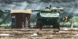 Rule 34 | 2girls, armored personnel carrier, armored vehicle, black hair, blunt bangs, bus stop, camouflage, can, cannon, cloud, cloudy sky, commentary, digital camouflage, dirt, dress, drink can, full body, grass, hallelujah zeng, highres, infantry fighting vehicle, military, mountainous horizon, multiple girls, original, outdoors, overcast, pleated dress, puddle, road sign, sandals, sign, sky, soda can, squatting, standing, star (symbol), turret, umbrella