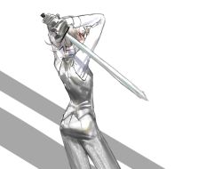 Rule 34 | 1girl, bad id, bad twitter id, black pants, black vest, blonde hair, commentary, contrapposto, from behind, hands up, holding, holding sword, holding weapon, long sleeves, looking at viewer, looking back, original, pants, red eyes, shirt, sideways glance, solo, standing, sword, symbol-only commentary, tsu (lovesick1964), two-handed, two (tsu (lovesick1964)), vest, weapon, white shirt