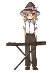 Rule 34 | 1girl, bespectacled, cool&amp;create, female focus, flat chest, glasses, hat, instrument, keyboard (instrument), kirisame marisa, lock heart (juuryokudou), pants, simple background, solo, touhou, white background, witch hat
