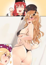 Rule 34 | 3girls, adjusting clothes, adjusting swimsuit, ass, asuzemu, bare arms, bare shoulders, bikini, black bikini, black collar, black hat, blonde hair, blush, breasts, closed eyes, clothes hanger, clownpiece, collar, commentary request, crescent, embarrassed, from behind, hat, hecatia lapislazuli, highres, jester cap, junko (touhou), large breasts, long hair, multiple girls, nose blush, polka dot, red eyes, red hair, sideboob, string bikini, swimsuit, tassel, thong, thong bikini, touhou, wavy hair, wedgie