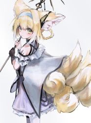 Rule 34 | 1girl, animal ears, arknights, bare shoulders, blonde hair, blue hairband, braid, commentary, dress, earpiece, fox ears, fox girl, fox tail, gloves, green eyes, hairband, holding, holding staff, kitsune, looking at viewer, looking back, material growth, multicolored hair, multiple tails, oripathy lesion (arknights), pantyhose, purple dress, sankichi (croquette crab), short hair, simple background, single glove, solo, staff, streaked hair, suzuran (arknights), tail, white background, white hair
