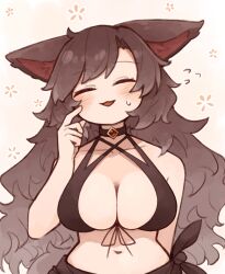 Rule 34 | 1girl, animal ear fluff, animal ears, bikini, black bikini, blush, breasts, brooch, brown hair, cleavage, closed eyes, collarbone, highres, imaizumi kagerou, jewelry, kaginoni, large breasts, long hair, long sleeves, motion lines, open mouth, solo, swimsuit, touhou, upper body, wolf ears