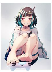 Rule 34 | 1girl, nanashi inc., barefoot, black hair, black shorts, blue hair, blush, broken horn, choker, commentary request, controller, demon horns, feet, foot focus, full body, game controller, grey sweater, grin, hair ornament, hairclip, highres, horns, long sleeves, looking at viewer, medium hair, multicolored hair, off-shoulder sweater, off shoulder, playstation controller, poifuru, pointy ears, red eyes, shishio chris, shorts, smile, solo, strap slip, sugar lyric, sweater, toes, two-tone hair, virtual youtuber