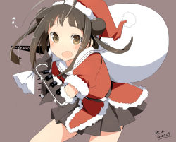 Rule 34 | 10s, 1girl, blush, brown eyes, brown hair, dated, gloves, hat, kantai collection, looking at viewer, musical note, naka (kancolle), open mouth, santa hat, simple background, skirt, solo, wara (warapro)