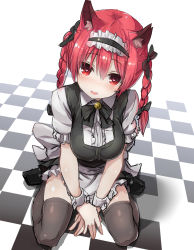 Rule 34 | 1girl, alternate costume, animal ears, apron, arm support, black thighhighs, blush, bow, braid, breasts, cat ears, checkered flag, checkered floor, enmaided, flag, greatmosu, hair between eyes, hair bow, hairband, heart, heart-shaped pupils, highres, kaenbyou rin, large breasts, lolita hairband, maid, maid apron, red eyes, red hair, sitting, sketch, smile, solo, symbol-shaped pupils, thighhighs, touhou, twin braids, waist apron, wariza, wrist cuffs, zettai ryouiki
