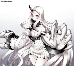 Rule 34 | 10s, 1girl, :o, abyssal ship, breasts, claws, colored skin, detached sleeves, dress, female focus, gradient background, high collar, highres, horns, kantai collection, large breasts, long hair, open mouth, red eyes, ribbed dress, ribbed sleeves, roshiakouji-chan, seaport princess, short dress, sideboob, single horn, solo, twitter username, very long hair, white background, white hair, white skin, wide sleeves