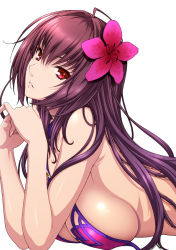 Rule 34 | 1girl, bikini, breast press, breasts, elbow rest, fate/grand order, fate (series), flower, flower on head, from side, interlocked fingers, isse, large breasts, lips, long hair, looking at viewer, lying, on stomach, parted lips, red eyes, red hair, scathach (fate), scathach (fate), scathach (swimsuit assassin) (fate), sideboob, simple background, solo, swimsuit, upper body, white background