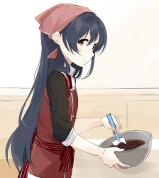 Rule 34 | 1girl, apron, bad id, bad pixiv id, blue hair, blush, bowl, commentary request, cooking, food, from side, hair between eyes, holding, long hair, long sleeves, looking at viewer, love live!, love live! school idol festival, love live! school idol project, parted lips, simple background, sleeves rolled up, solo, sonoda umi, totoki86, yellow eyes