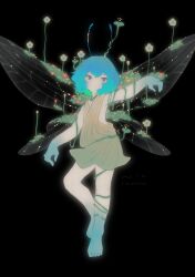 Rule 34 | 1girl, absurdres, antennae, arthropod girl, artist name, bare legs, barefoot, black background, blue eyes, blue hair, closed mouth, colored skin, commentary, dated, dress, english commentary, flat chest, flower, full body, glowing, hand up, highres, insect wings, looking at viewer, multicolored skin, original, plant, shieriru, short dress, short hair, simple background, sleeveless, sleeveless dress, solo, standing, standing on one leg, two-tone skin, vines, wings