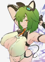 Rule 34 | 1girl, absurdres, animal ears, armpits, black gloves, bra, breasts, bright pupils, cat ears, cat tail, cleavage, eyelashes, fake animal ears, fake tail, female focus, from above, gloves, green bra, highres, large breasts, looking at viewer, necktie, red necktie, shiny skin, skindentation, smile, solo, standing, tail, thick eyebrows, thick thighs, thighs, todakenji, underwear, white pupils, wide hips, yellow eyes