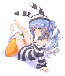 Rule 34 | 1girl, absurdres, animal ears, arm support, bare legs, barefoot, braid, breasts, carrot, chain, commentary request, cuffs, don-chan (usada pekora), eyelashes, highres, hololive, leaning back, legs, legs up, long hair, looking at viewer, looking back, multicolored hair, off shoulder, official alternate costume, orange eyes, oversized clothes, pout, prison clothes, rabbit ears, rabbit girl, ruien (wu jui-en), shackles, shadow, shiny skin, short eyebrows, sidelocks, simple background, small breasts, solo, striped clothes, striped headwear, swept bangs, thick eyebrows, twin braids, twintails, two-tone hair, usada pekora, usada pekora (prisoner), virtual youtuber, white background