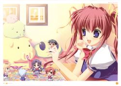 Rule 34 | 1boy, 5girls, :d, ;d, @ @, absurdres, arietta (lyrical lyric), asakura nanao, blue eyes, blush stickers, board game, bow, bowtie, brown eyes, character request, chibi, hagiwara tomoe, highres, huge filesize, kuu (lyrical lyric), lyrical lyric, mikeou, multiple girls, one eye closed, open mouth, painting (object), pink hair, puffy short sleeves, puffy sleeves, purple eyes, purple hair, red bow, red bowtie, school uniform, short hair with long locks, short sleeves, sidelocks, smile, stuffed animal, stuffed pig, stuffed toy, takami rin, twintails, upper body, wink