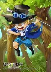 Rule 34 | 1boy, aged down, blonde hair, blue coat, blue shorts, boots, child, coat, commentary request, copyright name, forest, goggles, goggles on headwear, hat, holding, leaf, male focus, missing tooth, muraicchi (momocchi), nature, official art, one piece, one piece card game, sabo (one piece), shorts, solo, top hat