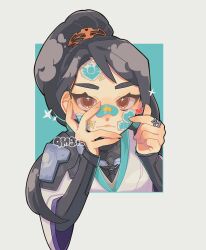 Rule 34 | 1girl, animification, bandaid, bandaid on face, bandaid on nose, black hair, black shirt, border, brown eyes, commentary, finger heart, grey border, grey robe, hand on own face, highres, jewelry, long sleeves, nw (qmgi ), ponytail, ring, robe, sage (valorant), shirt, solo, sparkle, sticker on face, swept bangs, symbol-only commentary, valorant