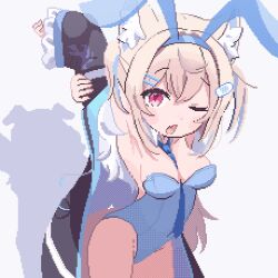 Rule 34 | 1girl, :o, alternate costume, animal ear fluff, animal ears, arms behind head, arms up, bandaid, bandaid hair ornament, black jacket, blonde hair, blue hair, blue hairband, blue leotard, blue necktie, blush stickers, breasts, commentary request, dog ears, fake animal ears, fang, fuwawa abyssgard, hair ornament, hairband, hairclip, hololive, hololive english, jacket, large breasts, leotard, long hair, looking at viewer, multicolored hair, necktie, off shoulder, one eye closed, pink eyes, pixel art, playboy bunny, potato7192, rabbit ears, simple background, skin fang, solo, strapless, strapless leotard, streaked hair, virtual youtuber, white background