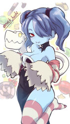 Rule 34 | 1girl, blue hair, blue skin, candy, colored skin, covered navel, detached collar, detached sleeves, dress, food, hair over one eye, highres, leviathan (skullgirls), looking at viewer, mtk hoshi, red eyes, side slit, skullgirls, smile, solo, squigly (skullgirls), stitched mouth, stitches, striped clothes, striped sleeves, striped thighhighs, thighhighs, twintails, wide sleeves, zombie