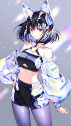 Rule 34 | 1girl, animal ears, bare shoulders, black choker, black hair, black shirt, black shorts, breasts, choker, closed mouth, clothing cutout, cowboy shot, crop top, earrings, fake animal ears, hand on own hip, highres, iridescent, jewelry, long sleeves, looking at viewer, medium breasts, midriff, nardack, o-ring, o-ring top, off shoulder, original, pantyhose, puffy sleeves, purple eyes, purple pantyhose, shirt, short hair, short shorts, shorts, sleeveless, sleeveless shirt, smile, solo, standing, stomach, underboob cutout
