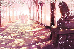 Rule 34 | 1boy, 1girl, cane, cherry blossoms, couple, from behind, furai, holding hands, hat, hetero, highres, komainu, old, original, petals, scenery, statue, tree