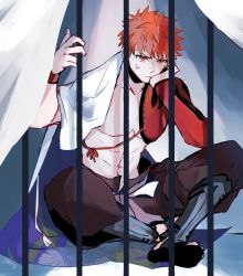 Rule 34 | 1boy, anger vein, annoyed, bars, cape, commentary request, emiya shirou, fate/grand order, fate (series), hally, hands on own face, highres, igote, indian style, limited/zero over, male focus, on ground, orange eyes, orange hair, prison, senji muramasa (fate), sitting, solo, toned, toned male, white cape, wristband