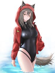 Rule 34 | 1girl, :o, absurdres, animal ears, arknights, black one-piece swimsuit, blush, breasts, brown hair, casual one-piece swimsuit, covered navel, ears through headwear, hand in pocket, highres, hood, hood up, hooded jacket, jacket, large breasts, long hair, long sleeves, looking at viewer, official alternate costume, one-piece swimsuit, open clothes, open jacket, open mouth, projekt red (arknights), projekt red (light breeze) (arknights), red jacket, simple background, solo, swimsuit, unzipped, wading, water, white background, wolf ears, yellow eyes, zhutou 333, zipper pull tab