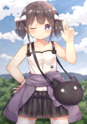 Rule 34 | 1girl, ;), absurdres, animal ear legwear, bag, bangle, bare arms, bare shoulders, black bag, black skirt, blue sky, blush, bow, bracelet, breasts, camisole, cat ear legwear, closed mouth, clothes around waist, cloud, cloudy sky, collarbone, commentary request, day, dot nose, fingernails, hair bow, hand on own hip, hand up, highres, jewelry, looking at viewer, miniskirt, moko (mokomozi11), one eye closed, original, outdoors, parted bangs, petite, purple eyes, short twintails, shoulder bag, skirt, sky, sleeveless, small breasts, smile, solo, spaghetti strap, standing, stitching, tareme, thighhighs, tree, twintails, w, white bow