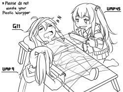 Rule 34 | 3girls, ahoge, bed, blush, cigarette, drooling, english text, g11 (girls&#039; frontline), girls&#039; frontline, greyscale, guin guin, jacket, messy hair, monochrome, multiple girls, scar, scar across eye, scar on face, shirt, shorts, side ponytail, skirt, sleeping, twintails, typo, ump45 (girls&#039; frontline), ump9 (girls&#039; frontline), wrapped up, wrapping