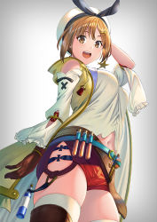 Rule 34 | 1girl, :d, atelier (series), atelier ryza, atelier ryza 1, belt, blue belt, blush, breasts, brown belt, brown eyes, brown gloves, brown hair, detached sleeves, flask, gloves, grey background, hair between eyes, hair ornament, hairclip, hat, jacket, jewelry, large breasts, leather belt, looking at viewer, navel, necklace, open mouth, red shorts, reisalin stout, round-bottom flask, short hair, short shorts, shorts, simple background, skindentation, smile, solo, star (symbol), star necklace, thighhighs, thighs, unowen, vial, white hat, yellow jacket