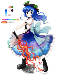 Rule 34 | 1girl, black footwear, blue bow, blue eyes, blue hair, blush, boots, bow, color guide, dress, fire, food, frilled dress, frills, fruit, full body, hat, hinanawi tenshi, huyusilver, leaf, long hair, looking at viewer, matching hair/eyes, multicolored eyes, official style, parody, peach, pink eyes, puffy short sleeves, puffy sleeves, rock, short sleeves, simple background, smile, solo, style parody, sword, sword of hisou, touhou, weapon, white background, zun (style)