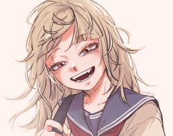 Rule 34 | 1girl, bags under eyes, blonde hair, blue sailor collar, boku no hero academia, cardigan, commentary request, fangs, highres, looking at viewer, mamepan114, neckerchief, open mouth, red neckerchief, sailor collar, short hair, slit pupils, solo, toga himiko, upper body, yellow cardigan, yellow eyes
