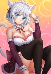 Rule 34 | 1girl, animal ear fluff, animal ears, bare shoulders, bell, black thighhighs, blue eyes, blush, breasts, brown skirt, brown sleeves, cat ears, cat girl, cat tail, cleavage, closed mouth, commentary, detached sleeves, feet out of frame, frilled skirt, frills, hand up, highres, jingle bell, kazenokaze, knees up, large breasts, long sleeves, looking at viewer, maid headdress, neck ribbon, red ribbon, ribbon, siesta (tantei wa mou shindeiru), silver hair, skirt, solo, sparkle, tail, tail raised, tantei wa mou shindeiru, thighhighs, wavy mouth