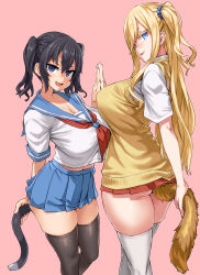 Rule 34 | 2girls, asanagi, ass, black hair, black legwear, black thighhighs, blonde hair, blue eyes, blush, breasts, cat tail, cleavage, commentary request, fang, from side, hair between eyes, highres, holding hands, huge breasts, long hair, looking at viewer, looking back, multiple girls, neckerchief, open mouth, original, pink background, pleated skirt, school uniform, scrunchie, serafuku, shirt, short sleeves, side ponytail, simple background, skindentation, skirt, smile, standing, sweater vest, tail, thighhighs, thighs, twintails, white legwear, white thighhighs, yellow sweater vest, zettai ryouiki