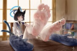 Rule 34 | 1girl, animal ears, barefoot, black eyes, black hair, blue archive, cat ears, cat tail, feet, feet on table, flamerush191, kikyou (blue archive), light blush, looking at viewer, medium hair, multiple tails, shoes, soles, steam, sweat, tail, toes, unworn shoes