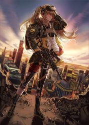 Rule 34 | absurdres, backlighting, black legwear, blush, boots, breasts, brown hair, cityscape, commentary, cross-laced footwear, eyewear on head, fingerless gloves, full body, girls&#039; frontline, gloves, goggles, gun, h&amp;k ump, hair between eyes, hair ornament, hairclip, highres, holding, holding gun, holding weapon, huge filesize, jacket, lace-up boots, long hair, looking at viewer, mod3 (girls&#039; frontline), outdoors, pantyhose, red eyes, ribbon, scar, scar across eye, scar on face, shirt, silence girl, skirt, smile, submachine gun, sunlight, tactical clothes, torn clothes, torn legwear, trigger discipline, twintails, ump9 (girls&#039; frontline), ump9 (mod3) (girls&#039; frontline), weapon, white shirt