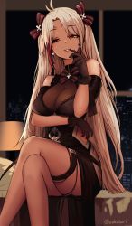 Rule 34 | 1girl, absurdres, ahoge, akalari, azur lane, bare legs, bare shoulders, crossed legs, dress, earrings, evening gown, finger to mouth, gloves, grin, highres, jewelry, long hair, multicolored hair, official alternate costume, parted lips, prinz eugen (azur lane), prinz eugen (cordial cornflower) (azur lane), sitting, smile, streaked hair, thigh strap, thighhighs, twintails, twitter username, white hair