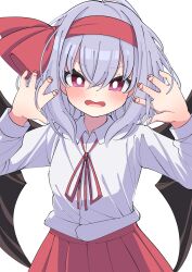 Rule 34 | 1girl, absurdres, bat wings, black wings, blush, collared shirt, fingernails, grey hair, hair between eyes, highres, long sleeves, medium hair, nail polish, open mouth, red eyes, red nails, red skirt, remilia scarlet, shirt, simple background, skirt, solo, touhou, tsukimirin, upper body, white background, white shirt, wings