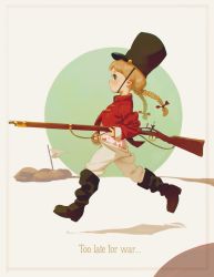 Rule 34 | 1girl, alkemanubis, blonde hair, blue eyes, blush, braid, child, clothes pull, english text, gun, hat, highres, holding, holding gun, holding weapon, long hair, low twintails, original, panties, pants, pants pull, profile, rifle, running, simple background, soldier, solo, twin braids, twintails, underwear, uniform, weapon